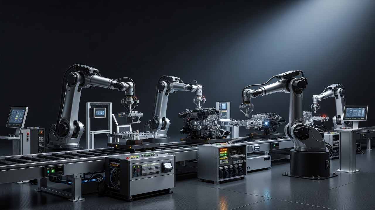 Línea de producción automatizada con robots y paneles de control