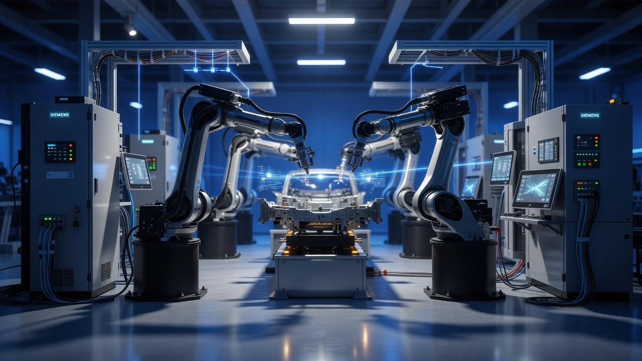 Línea de producción automatizada con robots industriales.