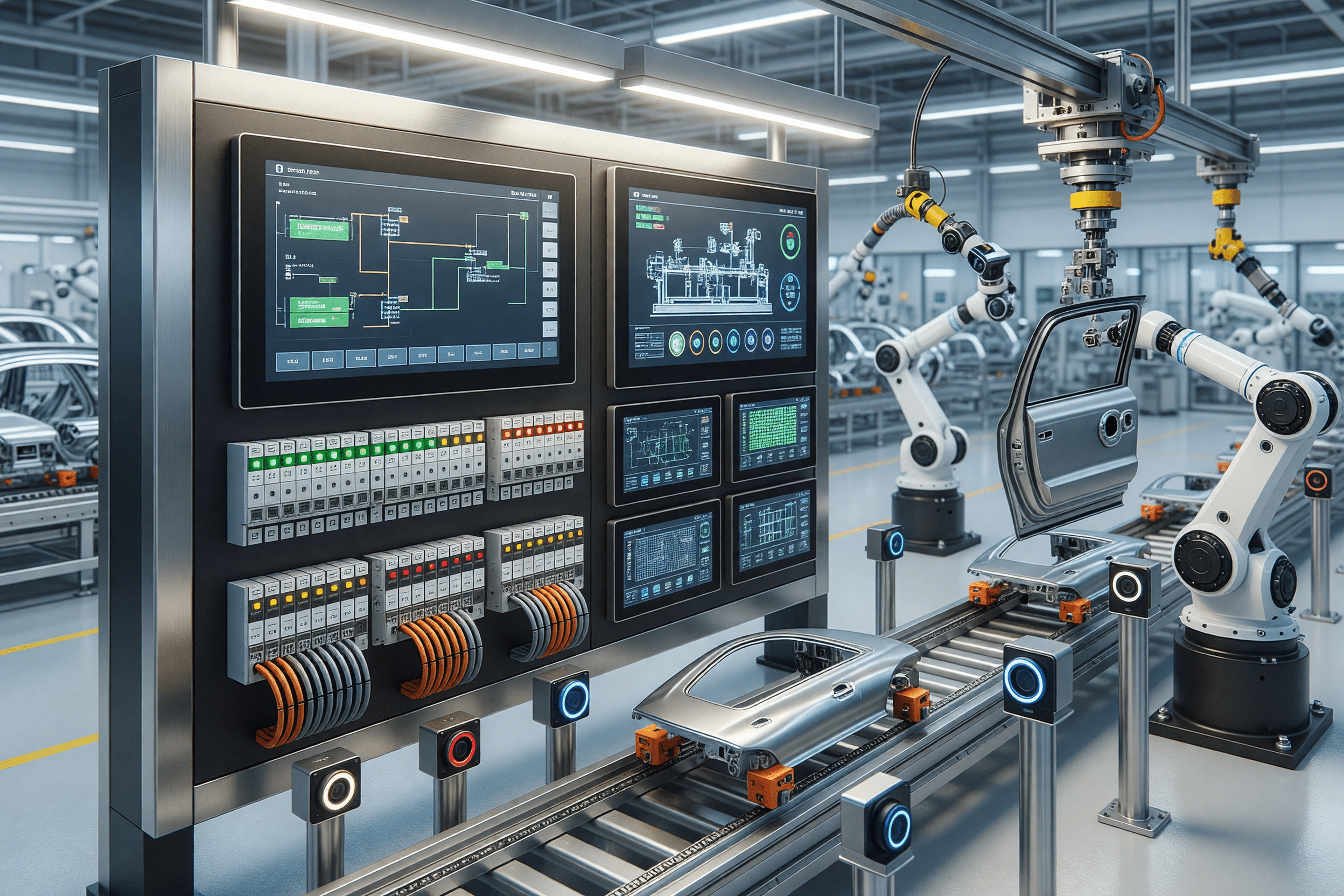 Automatización industrial eficiente con PLC y robots